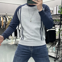 秋冬季男士轻奢加绒加厚简约线条感圆领卫衣情侣款防寒保暖打底衫