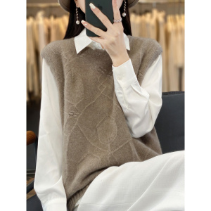 秋冬新款羊毛衫马甲背心女圆领构花无袖上衣宽松纯色羊毛针织