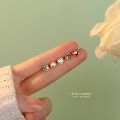 s999足银彩色锆石爱心耳钉简约甜美小清新ins风小众桃心耳饰耳环送女朋友老婆情人节七夕生日礼物