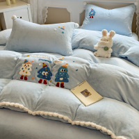 秋冬加厚牛奶绒床上四件套珊瑚绒面卡通球球边被套床单床笠款床品