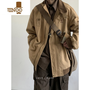 YANXU日系复古刺绣设计工装外套男女生情侣宽松翻领拼色夹克衫上衣