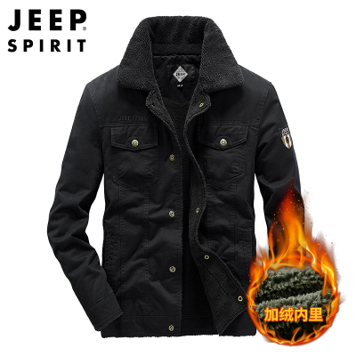 JEEPSPIRIT加绒棉袄男秋冬加厚翻领工装棉服男装舒适全棉休闲大码防寒保暖棉衣外套