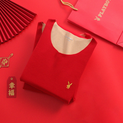 花花公子大红套装双面磨绒男女款鸿运结婚送礼马年打底衫圆领