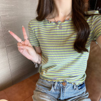 [1.5折价33元]唐狮短袖T恤女夏季新款小个子圆领木耳边条纹短款小衫ins
