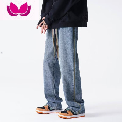 七斓设计感抽绳牛仔裤男复古水洗新款美式高街潮流宽松直筒休闲长裤子