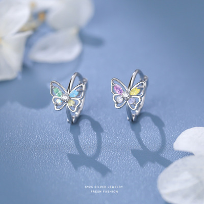 森系彩钻蝴蝶耳环女s925纯银百搭超闪水钻耳圈时尚甜美超精致耳扣送女朋友老婆情人节七夕生日礼物