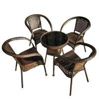 戴劲 藤椅阳台桌椅庭院藤编椅子花园茶几藤椅组合 4椅+60黑玻璃圆桌