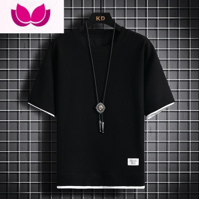 七斓华夫格短袖T恤男夏季宽松大码运动短裤套装工作服圆领透气潮