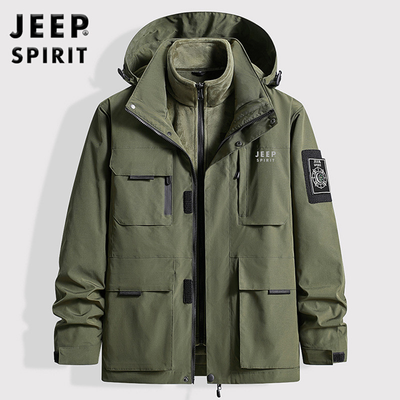 JEEP吉普冬季男士防风衣二件套可拆卸内胆连帽大码外套