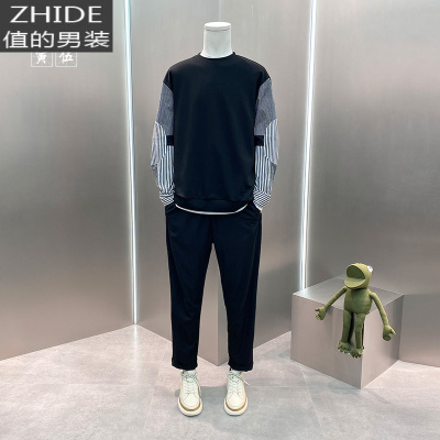 SUNTEK男士春秋新款圆领套头上衣假两件衬衫袖子个性拼接日系卫衣男无帽卫衣