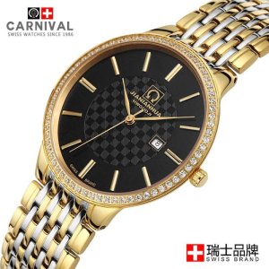 瑞士品牌嘉年华CARNIVAL薄款石英表 男表女表 商务休闲时尚防水男士手表 水钻女士手表 通用石英表情侣表 8576G