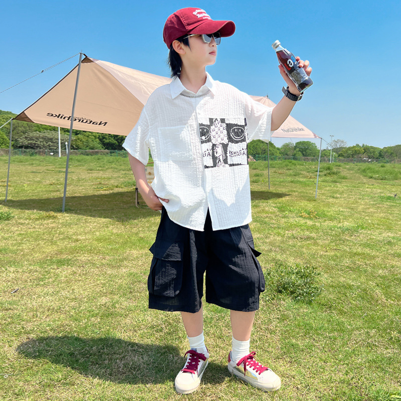 男童夏季衬衫套装2025新款大童夏款帅气时髦潮儿童装夏装短袖薄款