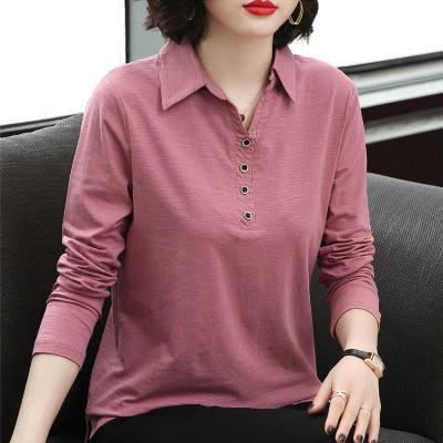 棉长袖T恤女2020秋冬新款宽松大码中老年妈妈POLO领打底衫上衣