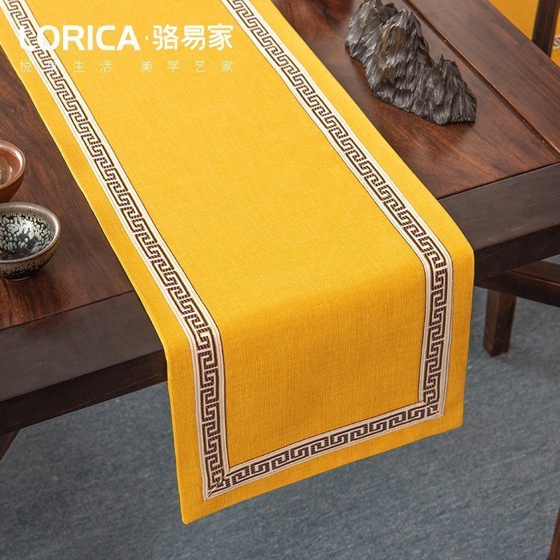 美式桌旗新中式禅意茶旗布现代简约茶几餐桌北欧电视 福延年-黄色(平角款) 33*210cm(适用桌长1.6米-1.7米)