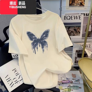 YIBUSHENG美式蝴蝶印花白色短袖t恤2024季新款女装体恤宽松上衣
