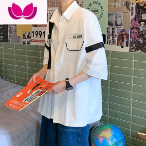七斓港风短袖衬衫男夏季潮牌学生痞帅气白色五分半袖上衣工装衬衣服寸