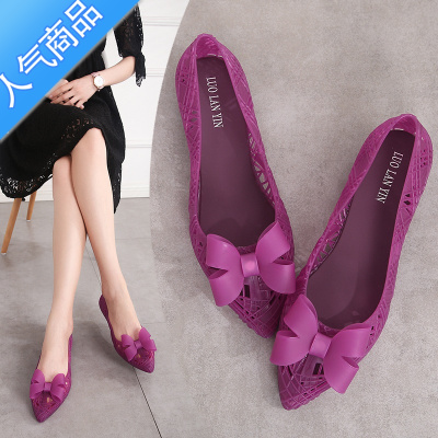 SUNTEK夏季新款尖头果冻鞋女浅口镂空塑胶凉鞋蝴蝶结软面沙滩鞋