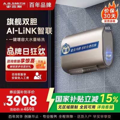 AO史密斯60升电热水器 家用 双胆扁桶 纤薄黑科技 大屏触控 双擎速热 E60HGDWi一级能效 储水式