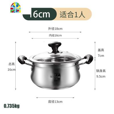 304不锈钢小汤锅双耳加厚小号煮锅家用小锅燃气16/18/20/ FENGHOU 16cm多层底(1.6L)