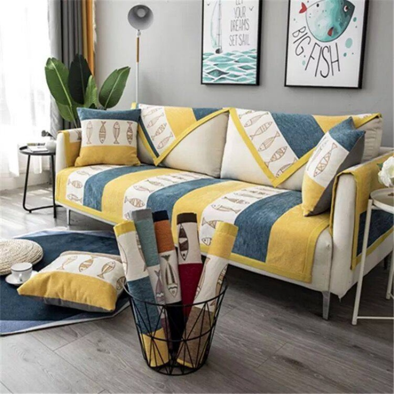 家柏饰(CORATED)沙发垫 四季通用防滑沙发巾盖布北欧简约加厚 沙发套全包套罩 雪尼尔黄蓝鱼 45*45抱枕套不含芯