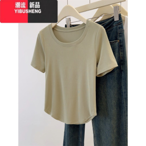 YIBUSHENG大码胖mm季纯色基础款圆领短袖T恤女下摆弧形显瘦上衣遮肚藏肉