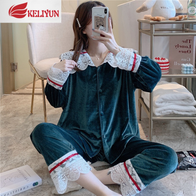 可莉允很仙的睡衣女士春秋冬季金丝绒长袖花边蕾丝珊瑚绒甜美家居服套装睡衣