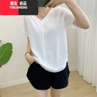 YIBUSHENG棉绸衬衫女2024年季薄款V领短袖人造棉上衣宽松显瘦妈妈绵绸T恤