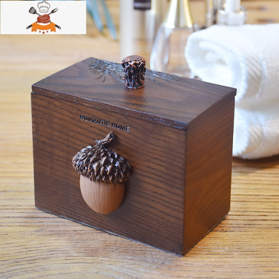 创意美式复古木质牙签盒防尘带盖分格收纳棉签盒 敬平 橡果双格牙签盒牙签筒