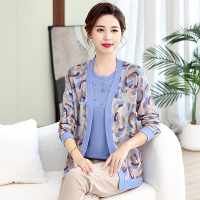 妈妈秋装上衣洋气减龄新款中老年人女薄款长袖烫钻针织小衫