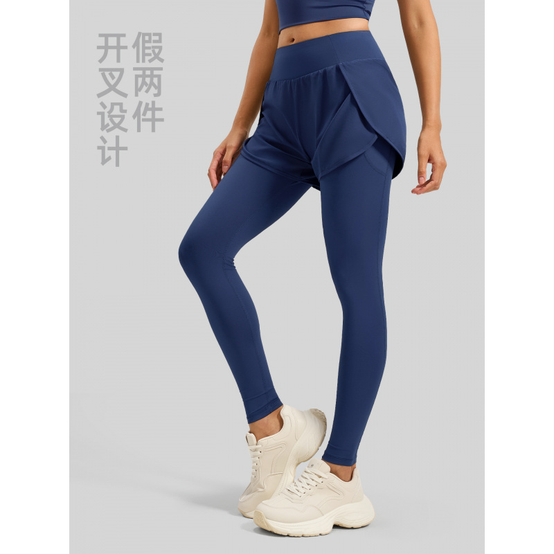 假两件口袋瑜伽裤女弹力高腰提臀跑步健身运动紧身裤