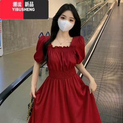 YIBUSHENG大码胖mm方领红色连衣裙女季新款赫本风气质收腰显瘦泡泡袖长裙