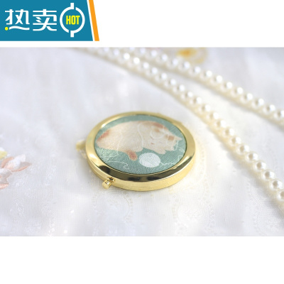 敬平[福利款]古风汉服配饰小镜子化妆镜便携折叠双面镜手工猫咪便携式用镜 竹青色白猫金色底