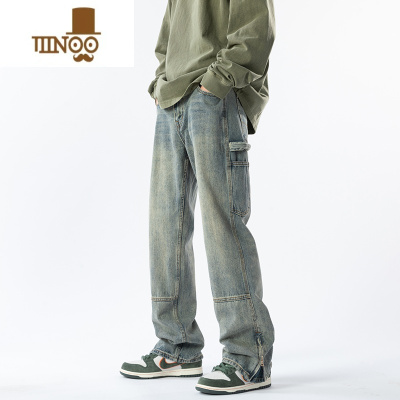YANXU小众设计感拉链开叉牛仔裤男款春季美式复古宽松直筒拖地高街裤子