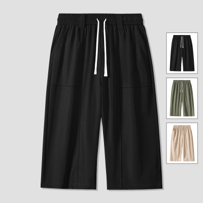 夏季冰丝七分裤男士新款港风宽松潮牌冰感运动休闲百搭直筒短裤男