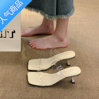 SUNTEK网红透明一字凉拖鞋女夏季外穿2023新款方头露趾性感中跟高跟凉鞋