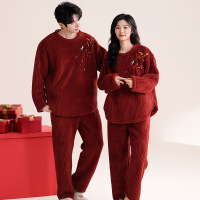 情侣睡衣秋冬季珊瑚绒本命年喜庆结婚大红色一男士一女家居服套装_233