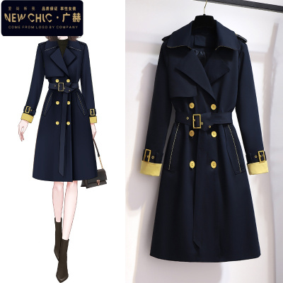 广赫风衣女中长款2021新款春季高端气质流行设计感小个子蓝色外套大衣风衣