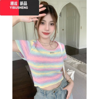 YIBUSHENG辣妹条纹u领小飞袖正肩短袖t恤女季多巴胺穿搭修身显瘦短款上衣