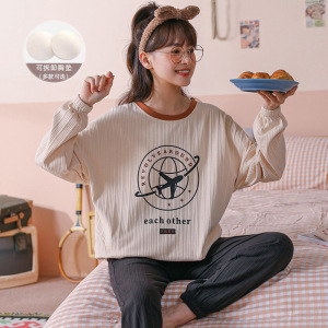 睡衣女秋冬季纯棉长袖带胸垫秋天韩版可爱大码家居服套装