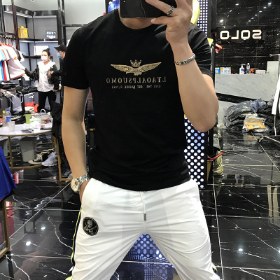 欧洲站新款丝光棉短袖T恤男个性字母印花修身潮流青年网红半袖T恤