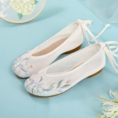 述雅镂空网纱透气古风汉服鞋子女凉鞋低跟软底老北京布鞋民族风绣花鞋