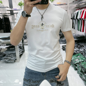 欧洲站新款丝光棉短袖T恤男个性字母印花修身潮流青年网红半袖T恤