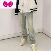七斓高街ins潮牌牛仔裤男女美式宽松vibe黄泥染重工水洗做旧直筒裤子