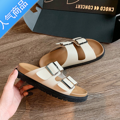SUNTEK纯~复古勃肯拖鞋女外穿厚底方扣一字带2023新款双扣平底凉鞋
