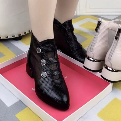 Ideamini皮尖头镂空网纱短靴女2021春季新款粗跟低跟皮鞋单靴百搭时装鞋