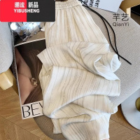 YIBUSHENG水墨画条纹缎面脏脏冰丝阔腿裤女季慵懒风直筒垂感休闲裤子薄款