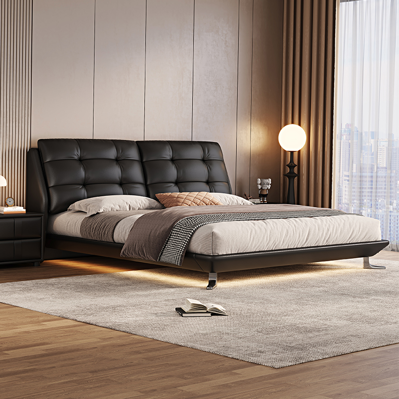 意式真皮床轻奢现代简约双人床鸭子脚满铺悬浮床家用软包婚床