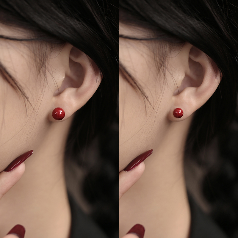925纯银耳钉女耳环耳饰红豆朱砂网红小众设计ins风汉服简约送女朋友老婆情人节七夕生日礼物