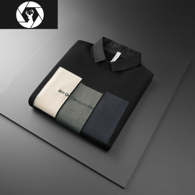 HongZun2020秋冬季男装新款衬衫领针织毛衣假两件套潮流打底加绒加厚上衣毛衣