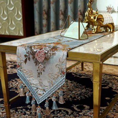 家柏饰(CORATED)茶几桌旗餐桌装饰布长条欧式餐边柜餐桌五斗柜鞋柜流苏绣花 温茹蓝色 32*180cm